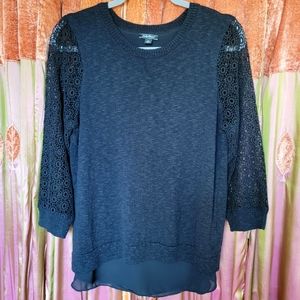 Lucky Brand Knit Open Back Layered Black Crocheted Lace Sleeve Top | sz Large